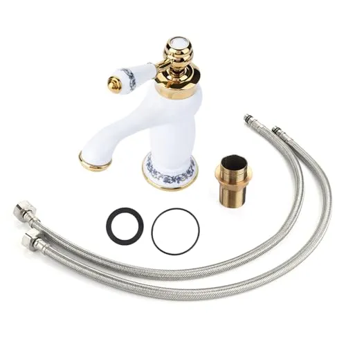 Garosa robinet lavabo vintage à motifs floraux, blanc antique, laiton