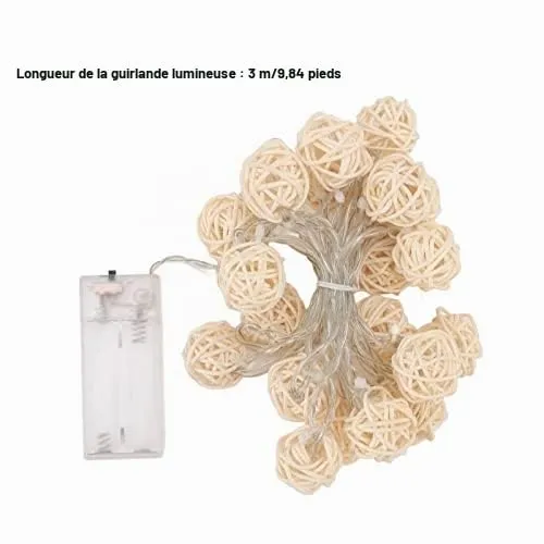 Garosa guirlande boule rotin 20 LED 3 m blanc chaud à piles